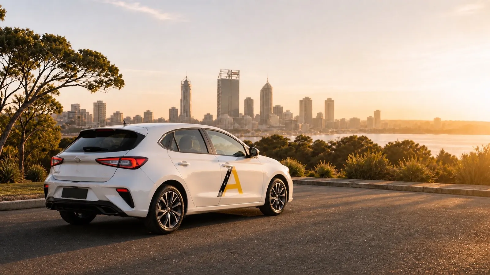 AA Driving School automatic car with Perth city skyline at sunset